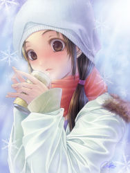 Rule 34 | 1girl, bad id, bad pixiv id, beanie, breath, brown eyes, brown hair, can, hat, original, scarf, shounen democratica, snow, snowflakes, solo, twintails