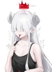 Rule 34 | 1girl, absurdres, applying makeup, bare shoulders, black tank top, blunt bangs, breasts, character name, character request, cleavage, crown, demon girl, floating crown, flower, highres, horns, lipgloss, long hair, no bra, original, pale skin, parted lips, red eyes, red lips, sheep horns, sidelocks, small breasts, solo, svet yomi, tank top, upper body, very long hair, white background, white hair, white horns