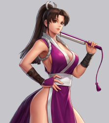 Rule 34 | 1girl, alternate color, armpits, artist request, bare shoulders, breasts, brown eyes, brown hair, cleavage, closed mouth, fatal fury, fingernails, folded fan, folding fan, grey background, hand fan, hand on own hip, high ponytail, highres, holding, large breasts, lips, long hair, looking at viewer, ninja, official art, parted bangs, pelvic curtain, ponytail, revealing clothes, shiranui mai, sideboob, simple background, sleeveless, smile, solo, the king of fighters, the king of fighters all-stars, thighs