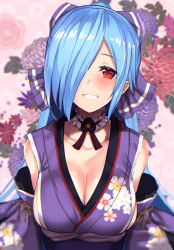 Rule 34 | .live, 1girl, blue hair, blush, bow, breasts, cleavage, detached sleeves, frills, grin, hair bow, hair over one eye, hair ribbon, high ponytail, highres, japanese clothes, kimono, large breasts, long hair, long sleeves, looking at viewer, obi, parted lips, ponytail, purple bow, purple kimono, red eyes, ribbon, sash, smile, solo, tareme, untue, upper body, very long hair, virtual youtuber, yamato iori