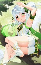 Rule 34 | 1girl, absurdres, arm behind back, arm up, armpits, ass, bloomers, bluerabbit gap, braid, cape, commentary, detached sleeves, dress, genshin impact, gradient hair, green eyes, hair between eyes, hair ornament, highres, long hair, looking at viewer, multicolored hair, nahida (genshin impact), parted lips, pointy ears, short sleeves, side ponytail, sidelocks, single braid, sitting on branch, soles, solo, stirrup legwear, symbol-shaped pupils, thighs, toeless legwear, toes, underwear, white dress, white hair