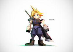 Rule 34 | 1990s (style), 1boy, armor, blonde hair, blue eyes, boots, brown footwear, buster sword, cloud strife, final fantasy, final fantasy vii, huge weapon, k-suwabe, male focus, overalls, pauldrons, low poly, purple overalls, retro artstyle, shoulder armor, single pauldron, solo, spiked hair, square enix, standing, sword, weapon, weapon on back