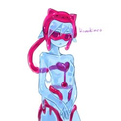 Rule 34 | 1girl, blue eyes, blue hair, blue skin, colored skin, eye mask, hat, highres, looking at viewer, monster girl, pointy ears, roma kizato, slime girl, solo, see-through body