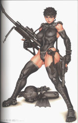 Rule 34 | 1girl, abs, absurdres, androgynous, armor, black thighhighs, breasts, breasts apart, covered collarbone, covered erect nipples, elbow gloves, eyelashes, female focus, frown, full body, gloves, gun, handgun, headband, helmet, highres, large breasts, legs apart, leotard, lips, muscular, muscular female, pistol, rifle, scope, scowl, short hair, simple background, skin tight, skindentation, solo, standing, thick thighs, thighhighs, thighs, tomboy, tsukasa jun, unworn headwear, unworn helmet, v-shaped eyebrows, weapon, white background
