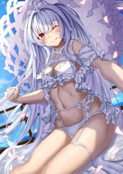 Rule 34 | 1girl, absurdres, ahoge, bare shoulders, bikini, breasts, cleavage, fate/grand order, fate (series), frilled bikini, frills, highres, lady avalon (fate), lady avalon (second ascension) (fate), licking lips, long hair, looking at viewer, medium breasts, merlin (fate/prototype), navel, one eye closed, parasol, purple eyes, smile, solo, swimsuit, thighs, tongue, tongue out, toukan, umbrella, very long hair, white bikini, white hair