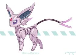 Rule 34 | artist name, character name, creatures (company), english text, espeon, forehead jewel, full body, game freak, gen 2 pokemon, looking at viewer, lordyanyu, mechanization, nintendo, no humans, pokemon, pokemon (creature), purple eyes, robot, simple background, solo, tail, white background