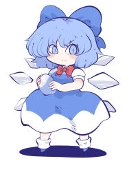 Rule 34 | 1girl, blue bow, blue dress, blue eyes, blue hair, blush, border, bow, chahan (fried rice0614), cirno, dress, highres, ice, ice wings, red bow, shadow, smile, socks, touhou, white background, white border, white sleeves, wings