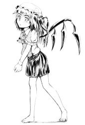 Rule 34 | 1girl, asuima, barefoot, collared shirt, female focus, flandre scarlet, from side, full body, greyscale, hat, mob cap, monochrome, shirt, skirt, solo, touhou, white background