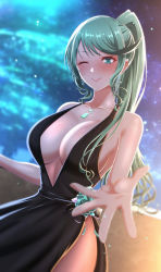 Rule 34 | 1girl, ;), alternate costume, anniversary, black dress, blurry, blurry background, blurry foreground, breasts, chest jewel, cleavage, collarbone, dress, dress flower, evening gown, flower, green eyes, green flower, green hair, green rose, highres, large breasts, long hair, looking at viewer, mebi il, night, night sky, one eye closed, outstretched arm, parted lips, pneuma (xenoblade), ponytail, reaching, reaching towards viewer, rose, side slit, sky, sleeveless, sleeveless dress, smile, solo, star (sky), starry sky, swept bangs, xenoblade chronicles (series), xenoblade chronicles 2