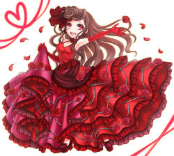Rule 34 | 1girl, :d, brown hair, dress, elbow gloves, flower, frilled dress, frills, full body, gloves, heart, looking at viewer, nahori, open mouth, outstretched arm, petals, pocketland, red dress, red eyes, red footwear, red gloves, rose, shoes, skirt hold, smile, solo, white background