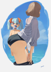 Rule 34 | 2girls, alternate costume, ass, back, bare shoulders, blue eyes, blue one-piece swimsuit, competition swimsuit, cropped legs, girls&#039; frontline, heterochromia, highres, kion-kun, kord (girls&#039; frontline), light brown hair, looking at another, looking at viewer, m1895 cb (girls&#039; frontline), multiple girls, on water, one-piece swimsuit, pink eyes, shirt, short hair, simple background, standing, swimsuit, thighs, twintails, twitter username, wet, wet clothes, wet shirt, white shirt