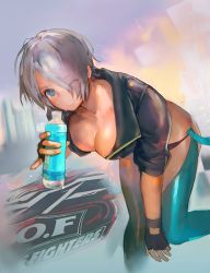 Rule 34 | 1girl, angel (kof), blue eyes, boots, bottle, bra, breasts, chaps, cowboy boots, cropped jacket, fingerless gloves, gloves, hair over one eye, holding, holding bottle, jacket, large breasts, leather, leather jacket, one eye closed, smile, snk, strapless, strapless bra, sweat, teeth, the king of fighters, the king of fighters xv, toned, underwear, uripititi, water bottle