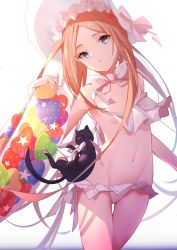 Rule 34 | 1girl, abigail williams (fate), abigail williams (swimsuit foreigner) (fate), abigail williams (swimsuit foreigner) (third ascension) (fate), areola slip, bare shoulders, bikini, black cat, blonde hair, blue eyes, blush, bonnet, bow, breasts, cat, faicha, fate/grand order, fate (series), forehead, hair bow, innertube, long hair, looking at viewer, miniskirt, navel, open mouth, parted bangs, revision, sidelocks, simple background, skirt, small breasts, swim ring, swimsuit, thighs, twintails, untied bikini, very long hair, white background, white bikini, white bow, white headwear