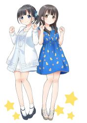 Rule 34 | 2girls, black hair, blue dress, blue eyes, braid, brown eyes, cardigan, casual, clenched hand, dress, index finger raised, jewelry, koa, multiple girls, necklace, open cardigan, open clothes, real life, sakura ayane, sandals, shoes, side-by-side, smile, socks, star (symbol), striped clothes, striped dress, uchida maaya, voice actor, washing machine, white legwear