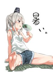 Rule 34 | 1girl, alternate costume, bad id, bad twitter id, barefoot, blue eyes, blush, hand fan, feet, hat, highres, long hair, looking away, mononobe no futo, muchi maro, open mouth, paper fan, ponytail, shirt, shorts, silver hair, simple background, sitting, sleeveless, soles, solo, spread legs, sweat, tate eboshi, text focus, toes, touhou, translated, uchiwa, white background