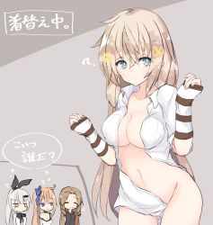 Rule 34 | 4girls, ?, alternate hairstyle, arm warmers, bad id, bad pixiv id, blue eyes, breasts, brown hair, cleavage, closed eyes, collarbone, commentary request, fal (girls&#039; frontline), five-seven (girls&#039; frontline), fnc (girls&#039; frontline), girls&#039; frontline, groin, hair ornament, hair ribbon, hairclip, highres, large breasts, long hair, looking at viewer, multiple girls, navel, ponytail, ribbon, silver hair, simple background, translation request, yamasemi (yy8023)
