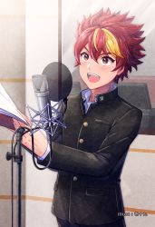 Rule 34 | 1boy, :d, black jacket, black pants, blonde hair, blush, collared shirt, commentary request, copyright request, dress shirt, gakuran, hair between eyes, highres, holding, indoors, ittokyu, jacket, male focus, microphone, multicolored hair, official art, open mouth, pants, red eyes, red hair, school uniform, shirt, smile, solo, standing, streaked hair, teeth, thick eyebrows, upper teeth only, v-shaped eyebrows, white shirt, window