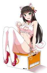 Rule 34 | 10s, 1girl, animal ears, bell, black hair, blunt bangs, blush, bow, box, bra, breasts, cat cutout, cat ears, cat lingerie, cat tail, cleavage cutout, clothing cutout, collar, commentary request, embarrassed, frilled bra, frills, green eyes, hair bell, hair ornament, hair ribbon, high heels, highres, jingle bell, kurosawa dia, long hair, looking at viewer, love live!, love live! school idol festival, love live! sunshine!!, medium breasts, meme attire, midriff, mole, mole under mouth, neck bell, on box, panties, paw pose, pink bow, red footwear, ribbon, shoes, side-tie panties, sitting, sitting on box, solo, tail, thighhighs, underwear, white thighhighs, wristband, yopparai oni