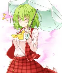 Rule 34 | 1girl, ^ ^, aka tawashi, ascot, blush, breasts, closed eyes, commentary request, cowboy shot, eighth note, green hair, green umbrella, hair between eyes, hand up, heart, highres, holding, holding umbrella, kazami yuuka, large breasts, long sleeves, musical note, petticoat, pink background, plaid, plaid skirt, plaid vest, red skirt, red vest, skirt, skirt set, smile, solo, standing, touhou, umbrella, vest, white background, yellow ascot