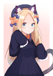 Rule 34 | 1girl, :3, abigail williams (fate), absurdres, animal ears, aqua eyes, black dress, black headwear, blonde hair, bow, bowtie, cat ears, cat tail, chorome112, dress, fate/grand order, fate (series), forehead, gradient background, hair bow, highres, kemonomimi mode, long hair, looking at viewer, multiple hair bows, orange bow, paw pose, polka dot, polka dot bow, sleeves past wrists, solo, standing, tail
