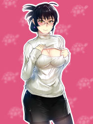 Rule 34 | 1girl, ahoge, black hair, black pantyhose, blush, breasts, cleavage, cleavage cutout, cleavage reach, clothing cutout, earrings, folded ponytail, glasses, highres, jewelry, large breasts, meme attire, open-chest sweater, original, pantyhose, pencil skirt, ribbed sweater, rimless eyewear, see-through, see-through legwear, short hair, side slit, skirt, solo, sweatdrop, sweater, swordwaltz, turtleneck, yellow eyes