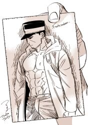 Rule 34 | 2boys, abs, artist name, coat, collared coat, disembodied hand, facial hair, goatee, golden kamuy, hand up, hat, highres, holding, hood, hood down, long sleeves, looking to the side, male focus, military hat, monochrome, multiple boys, no shirt, pants, pectorals, photo (object), scar, scar on chest, scar on stomach, short hair, signature, solo focus, standing, toned, toned male, tsukishima hajime, tsuruko turuta, very short hair
