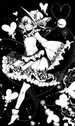 Rule 34 | 1girl, absurdres, bad id, bad pixiv id, boots, bow, floral print, flower, frills, green eyes, grin, hat, hat bow, hat flower, heart, high heel boots, high heels, highres, komeiji koishi, limited palette, long sleeves, monochrome, petticoat, sheya, short hair, sleeves past wrists, slit pupils, smile, solo, third eye, touhou, wide sleeves