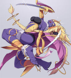 Rule 34 | 1girl, abs, absurdres, bare shoulders, barefoot, blonde hair, breasts, clothing cutout, colored skin, dual wielding, duel monster, elbow gloves, full body, glint, gloves, half mask, hand up, highres, holding, holding sword, holding weapon, large breasts, leaning back, leotard, long hair, long toenails, lunalight sabre dancer, mask, medium breasts, monster girl, naruyan mk-ii, open mouth, orange eyes, purple skin, sharp toenails, solo, stomach cutout, sword, thigh strap, toenails, weapon, yu-gi-oh!