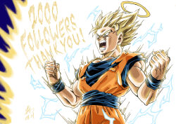 Rule 34 | 1boy, aura, blonde hair, clenched hands, commentary request, dated, dougi, dragon ball, dragonball z, electricity, forest 1988, green eyes, halo, male focus, milestone celebration, muscular, muscular male, open mouth, powering up, signature, solo, son goku, super saiyan, super saiyan 2, upper body, wristband