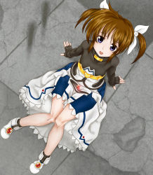 Rule 34 | 00s, 1girl, :d, arm support, belt, blue eyes, boots, brooch, brown hair, dutch angle, fingerless gloves, flat chest, from above, gloves, hair ribbon, jewelry, looking up, lyrical nanoha, magical girl, mahou shoujo lyrical nanoha, on ground, open mouth, raising heart, raising heart (standby mode), ribbon, scharfschutze, short hair, short twintails, sitting, skirt, smile, solo, takamachi nanoha, takamachi nanoha (movie 1st mode), twintails, undressing