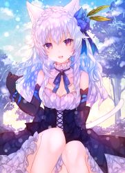 Rule 34 | 1girl, :d, animal ears, asada sadao, bad id, bad pixiv id, bare legs, bare shoulders, black gloves, black skirt, blue flower, blue ribbon, blue sky, braid, breasts, cat ears, cat girl, cat tail, cleavage, cloud, commentary request, day, detached collar, elbow gloves, feet out of frame, flower, frilled skirt, frills, gloves, hair flower, hair ornament, hand up, head tilt, highres, leaf, light particles, light purple hair, long hair, miniskirt, neck ribbon, open mouth, original, outdoors, red eyes, ribbon, shirt, sidelocks, sitting, skirt, sky, small breasts, smile, solo, tail, tree, underbust, white shirt