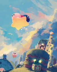Rule 34 | absurdres, box, character request, cloud, cloudy sky, creature, dandelion, day, door, flower, flying, gooey (kirby), grass, happy, highres, kirby, kirby (series), landscape, looking to the side, looking up, mountain, nintendo, one eye closed, open mouth, sky, sparkle, star (symbol), suyasuyabi, tongue, waddle dee, waddle doo