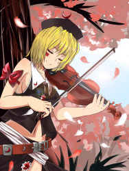 Rule 34 | 1girl, belt, blonde hair, bow, breasts, cherry blossoms, crescent, closed eyes, female focus, hat, highres, instrument, koissa, lunasa prismriver, midriff, music, navel, playing, playing instrument, qq3099wind, sash, short hair, sideboob, skirt, sleeveless, smile, solo, touhou, violin