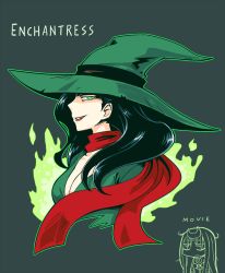 Rule 34 | 1girl, baragon, black hair, breasts, character name, chibi, cleavage, dc comics, enchantress (dc), green background, green eyes, hat, lipstick, long hair, makeup, portrait, scarf, simple background, solo, suicide squad, witch hat