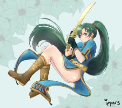 Rule 34 | 1girl, artist name, boots, dress, earrings, fingerless gloves, fire emblem, fire emblem: the blazing blade, floral background, full body, gloves, green eyes, green hair, ippers, jewelry, long hair, looking at viewer, lyn (fire emblem), nintendo, pelvic curtain, ponytail, side slit, signature, smile, solo, sword, thighs, weapon