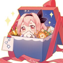 Rule 34 | 1girl, arknights, black hairband, black ribbon, blush, box, commentary request, covered mouth, flying sweatdrops, gift, gift box, hair intakes, hair ribbon, hairband, in box, in container, looking at viewer, pink hair, pudding (arknights), red eyes, ribbon, short eyebrows, signature, solo, sparkle, sui (blackcatsui yoi), thick eyebrows, white background