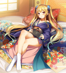 Rule 34 | 1girl, :o, bare legs, bare shoulders, blonde hair, blue flower, blue kimono, blue ribbon, blush, collarbone, commentary request, crossed legs, day, floral print, flower, furisode, hair flower, hair ornament, hair ribbon, head tilt, highres, holding, indoors, japanese clothes, kimono, light particles, long hair, long sleeves, looking at viewer, nintendo switch, no shoes, obi, off shoulder, original, parted lips, pillow, print kimono, purple eyes, reclining, ribbon, sash, sidelocks, socks, solo, striped ribbon, thighs, twintails, very long hair, white socks, wide sleeves, window, yuuki yuu