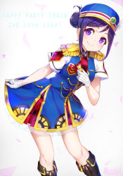 Rule 34 | ascot, blue hair, blush, collared dress, dress, hair bun, happy party train, hat, hat feather, leaning to the side, long hair, love live!, love live! sunshine!!, matsuura kanan, peaked cap, purple eyes, red ascot, single hair bun, smile, solo, v-shaped eyebrows