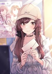 Rule 34 | 1girl, absurdres, alternate hairstyle, bare shoulders, baseball cap, blush, bracelet, choker, closed mouth, embarrassed, envelope, hat, heart, heart choker, highres, holding, holding envelope, holding letter, idolmaster, idolmaster shiny colors, jewelry, kusaka io, letter, long hair, long sleeves, looking to the side, official alternate costume, official alternate hairstyle, osaki amana, poster (object), red hair, ring, scrunchie, shirt, solo, standing, swept bangs, twintails, white shirt, yellow eyes