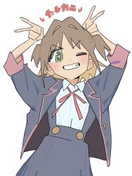 Rule 34 | + +, 1girl, ;), arms up, blush, brown hair, buttons, collared shirt, colored inner hair, dot nose, double v, enorari, eyes visible through hair, fang, green eyes, grin, hair intakes, highres, jacket, looking at viewer, multicolored hair, neck ribbon, oka asahi, one eye closed, onii-chan wa oshimai!, open clothes, open jacket, orange hair, purple jacket, purple skirt, red ribbon, ribbon, school uniform, shirt, short hair, simple background, skirt, smile, solo, standing, straight hair, two-tone hair, unbuttoned, v, v-shaped eyebrows, white background, white shirt