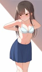 Rule 34 | 1girl, arms behind back, bare arms, bare shoulders, blue skirt, blunt bangs, bra, breasts, brown hair, cleavage, closed mouth, collarbone, commentary request, feet out of frame, gradient background, grey background, highres, idolmaster, idolmaster cinderella girls, lace, lace-trimmed bra, lace trim, light particles, long hair, looking away, looking to the side, medium breasts, miniskirt, mizumoto yukari, navel, no shirt, pleated skirt, raised eyebrows, rfeulgen, sidelocks, skirt, solo, standing, stomach, sweat, twitter username, underwear, undressing, white background, white bra, yellow eyes