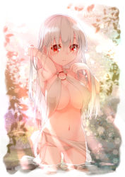 Rule 34 | 1girl, artist name, backlighting, bare shoulders, bikini, blurry, blurry background, blush, breasts, center opening, cleavage, closed mouth, collarbone, commentary request, cowboy shot, gluteal fold, groin, hair between eyes, hand in own hair, hands up, highres, kana ami, lens flare, light rays, long hair, looking at viewer, midriff, navel, o-ring, o-ring bikini, original, red eyes, sarong, sidelocks, skindentation, standing, sunbeam, sunlight, swimsuit, wading, water, white bikini, white hair, white sarong