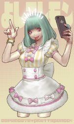 Rule 34 | 1girl, cellphone, character request, collaboration, cowboy shot, cropped legs, daichan mona, dress, highres, holding, holding phone, nail polish, phone, selfie, smartphone, solo, tagme, tongue