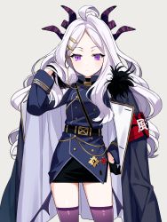 Rule 34 | 1girl, absurdres, armband, belt, blue archive, bored, commentary request, grey background, hair ornament, highres, hina (blue archive), horns, jacket, long hair, looking at viewer, military, military jacket, military uniform, mozu (modagoro), purple eyes, silver hair, simple background, solo, thighhighs, uniform