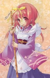 Rule 34 | 00s, akihime sumomo, broom, cherry, food, fruit, highres, ito noizi, mouth hold, nanatsuiro drops, red eyes, red hair, ribbon, solo