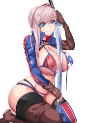 Rule 34 | 1girl, absurdres, american flag bikini, american flag legwear, american flag print, asymmetrical footwear, asymmetrical gloves, asymmetrical hair, asymmetrical legwear, bikini, blue eyes, boots, breasts, covered erect nipples, cowboy boots, elbow gloves, fate/grand order, fate (series), fingerless gloves, flag print, gloves, grey hair, gunblade, gurum, hair bun, highres, huge breasts, long hair, mismatched legwear, miyamoto musashi (fate), miyamoto musashi (fate/grand order), miyamoto musashi (swimsuit berserker) (fate), miyamoto musashi (swimsuit berserker) (second ascension) (fate), multi-strapped bikini, print bikini, print swimsuit, puffy nipples, shrug (clothing), side bun, single elbow glove, single hair bun, single hair intake, single side bun, single sidelock, single thigh boot, single thighhigh, solo, swept bangs, swimsuit, thigh boots, thigh strap, thighhighs, uneven footwear, uneven gloves, weapon
