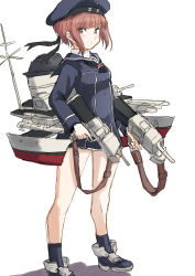 Rule 34 | 1girl, adapted turret, black neckerchief, blue dress, blue hat, blue sailor collar, brown eyes, brown hair, cannon, clothes writing, commentary request, dress, fuji (pixiv24804665), full body, hat, highres, kantai collection, looking at viewer, machinery, neckerchief, sailor collar, sailor dress, sailor hat, short hair, simple background, solo, standing, turret, white background, z3 max schultz (kancolle)
