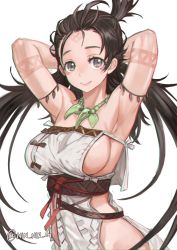 Rule 34 | 1girl, armpits, arms behind head, arms up, bare shoulders, body markings, breasts, brown eyes, brown hair, closed mouth, dress, facial mark, fate/grand order, fate (series), forehead, forehead mark, highres, himiko (fate), himiko (first ascension) (fate), jewelry, large breasts, long hair, looking at viewer, magatama, magatama necklace, necklace, ninnin (shishitou), no bra, no panties, sash, side slit, sideboob, simple background, smile, topknot, twintails, white background, white dress