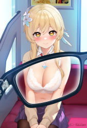 Rule 34 | 1girl, blonde hair, blush, bra, breasts, cleavage, closed mouth, collared shirt, feather hair ornament, feathers, flower, fukuro daizi, genshin impact, glasses, hair flower, hair ornament, highres, indoors, jewelry, large breasts, long sleeves, looking at viewer, lumine (genshin impact), medium hair, navel, necklace, pantyhose, pleated skirt, purple skirt, shirt, sitting, skirt, smile, solo, underwear, white bra, x-ray glasses, x-ray vision, yellow eyes
