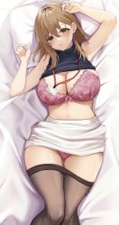 Rule 34 | 1girl, absurdres, blush, bra, brown eyes, brown hair, clothes lift, highres, lanyard, lying, mole, mole under eye, office lady, on back, on bed, original, panties, pillow, pink bra, pink panties, shirt lift, skirt, solo, sweat, thighhighs, udon (udonalium), underwear, white skirt